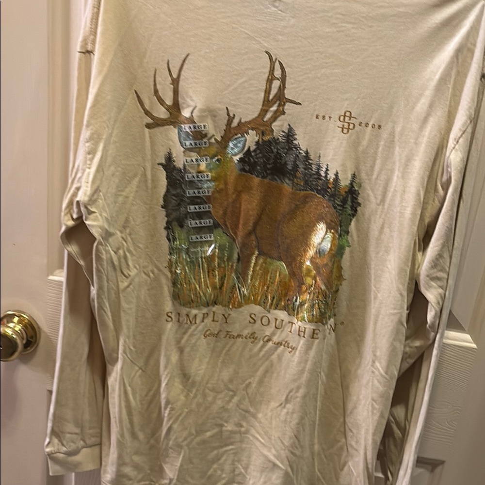 Men’s Simply Southern Cream Deer Nature Long Sleeve Sz Lg